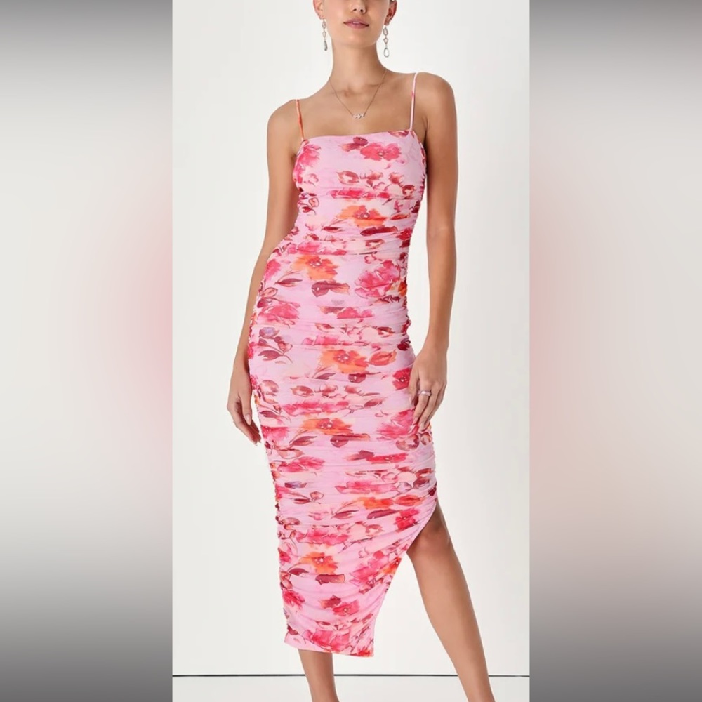 Lulu’s Pink Floral Print Ruched Mesh Bodycon Midi Dress